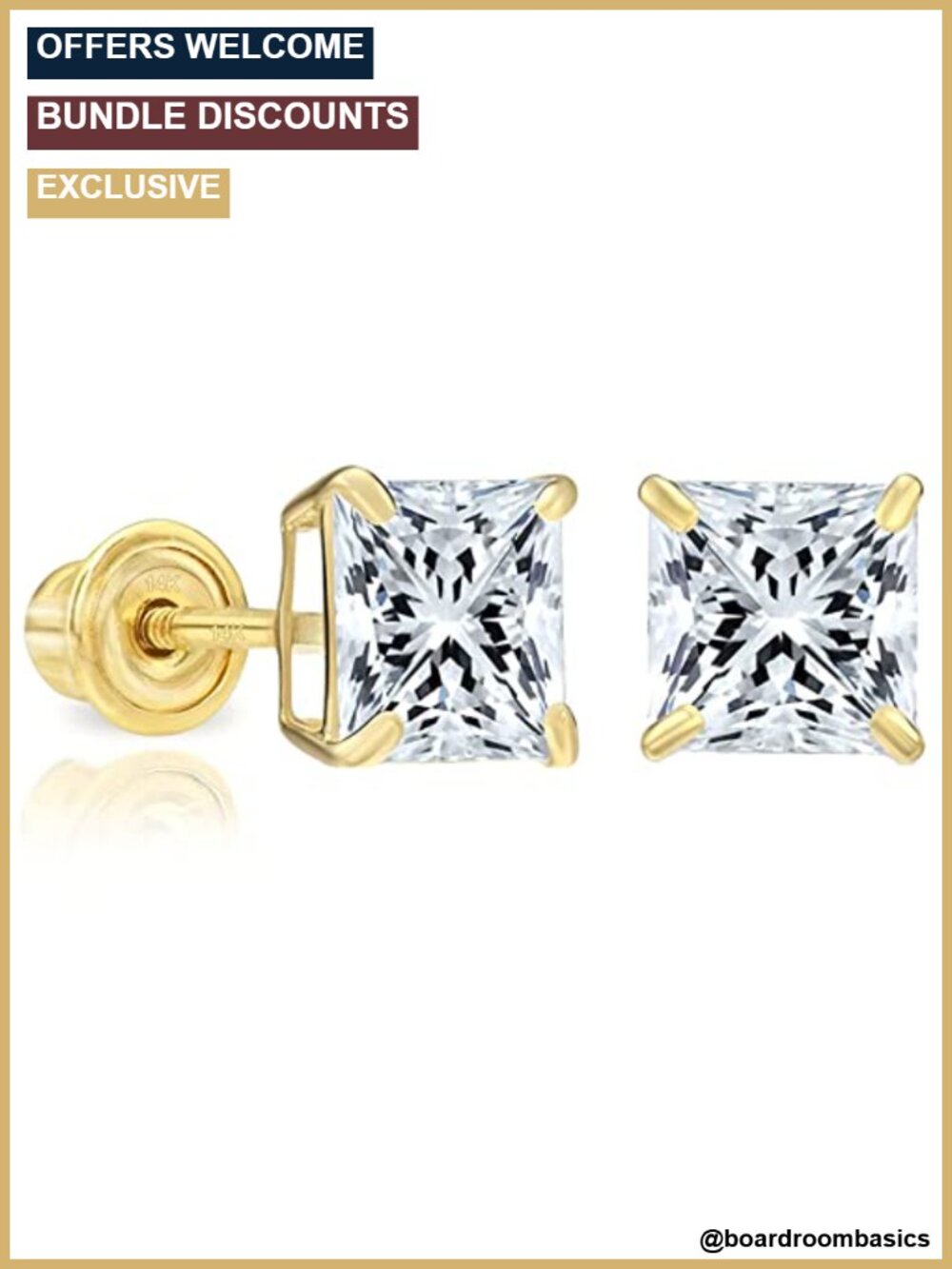 Solid 14k Yellow Gold Princess Cut CZ Square Solitaire Stud Earrings Screw Back